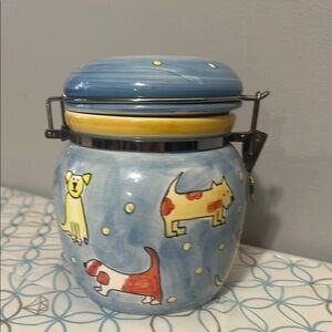 Vintage Blue Ceramic cookie Jar with Dog Design
Rubber inside worn out.